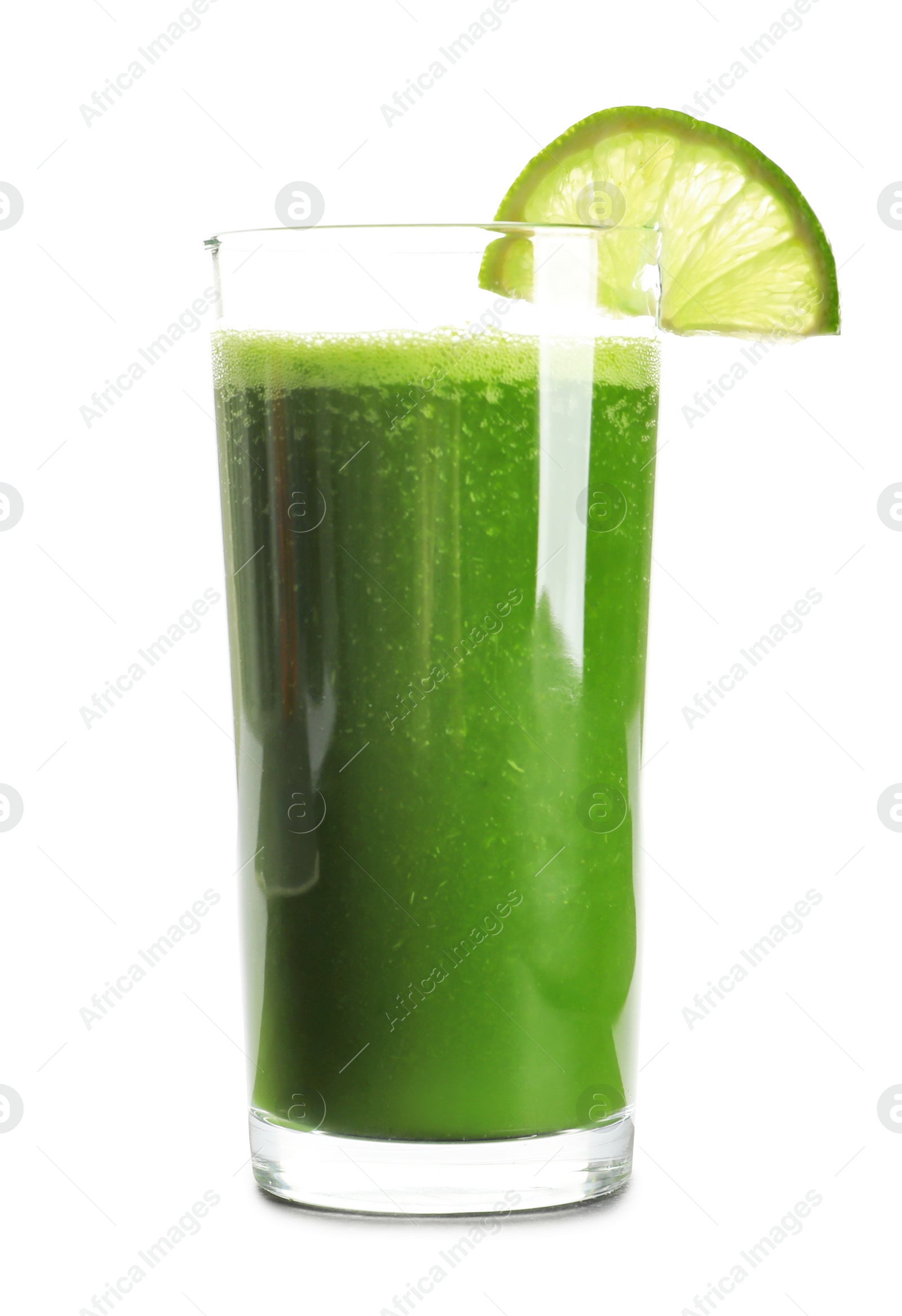 Photo of Glass with delicious detox juice on white background