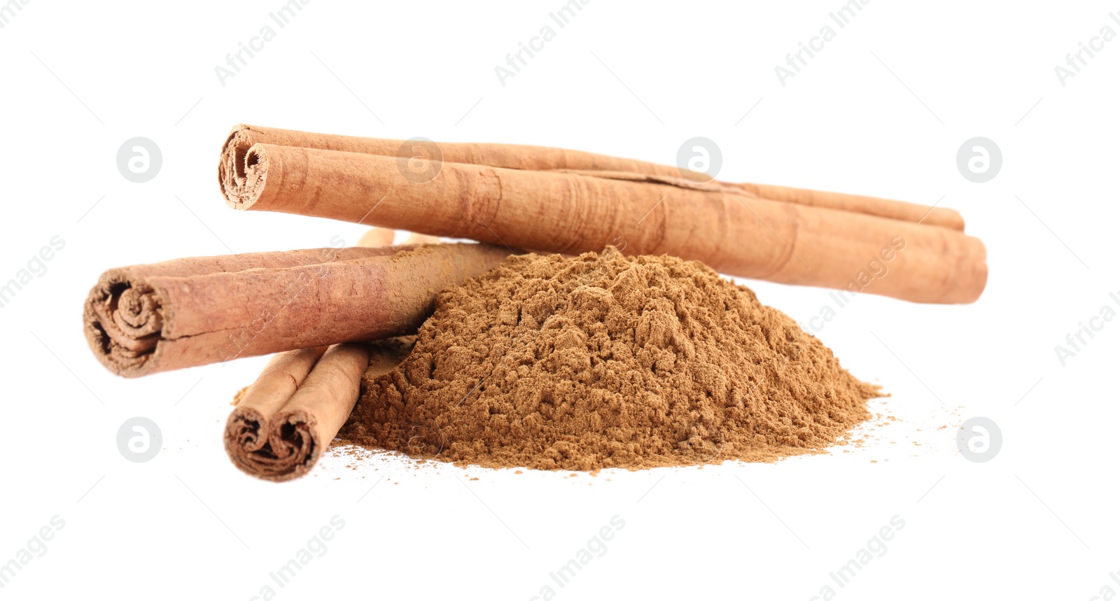 Photo of Dry aromatic cinnamon sticks and powder isolated on white