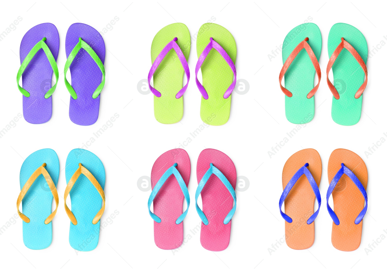 Image of Set with different colorful flip flops on white background, top view