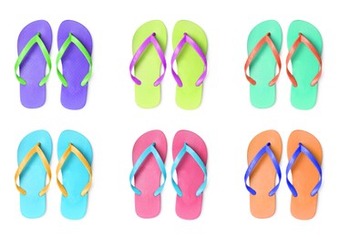 Image of Set with different colorful flip flops on white background, top view