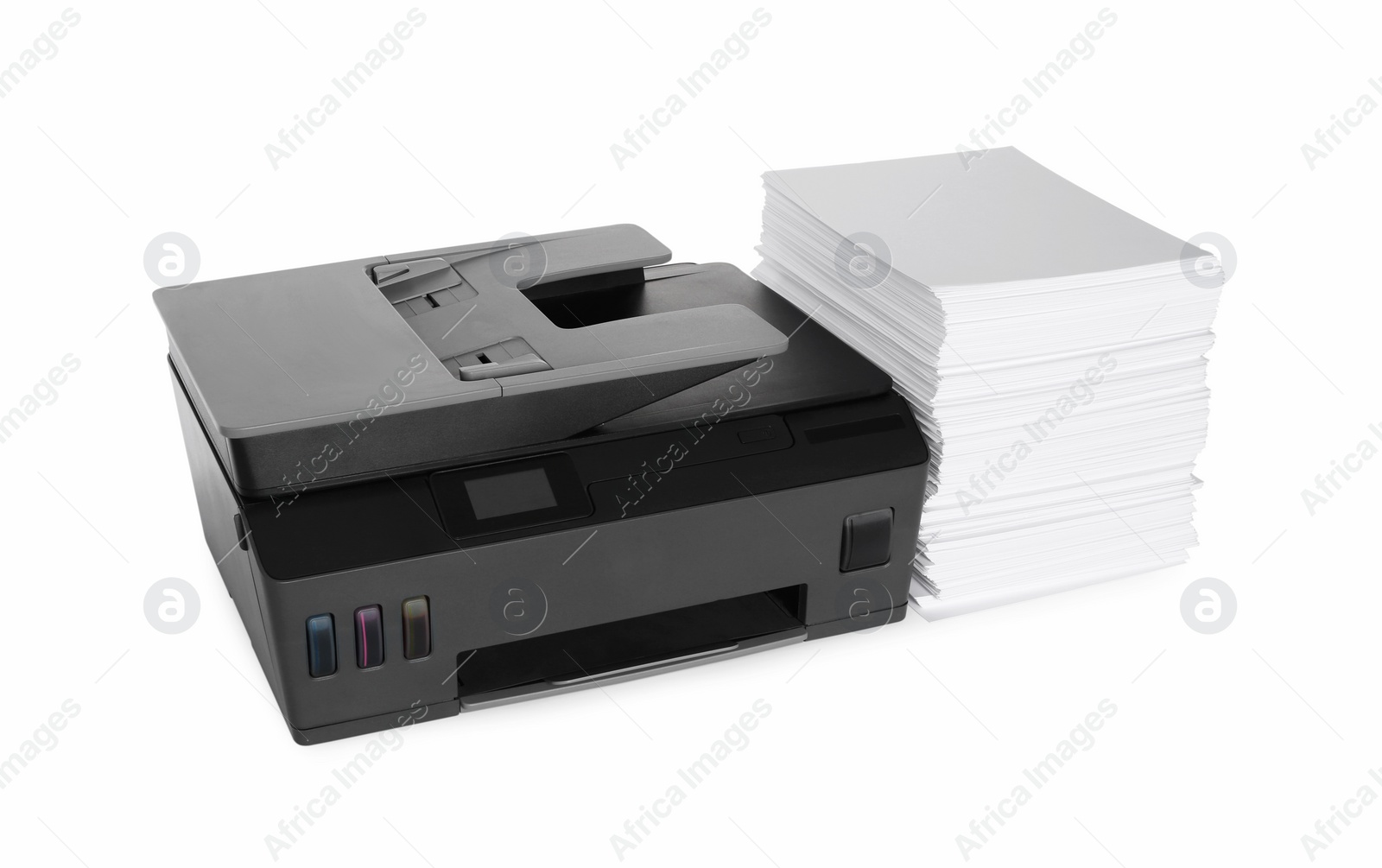 Photo of Modern printer and stack of paper on white background