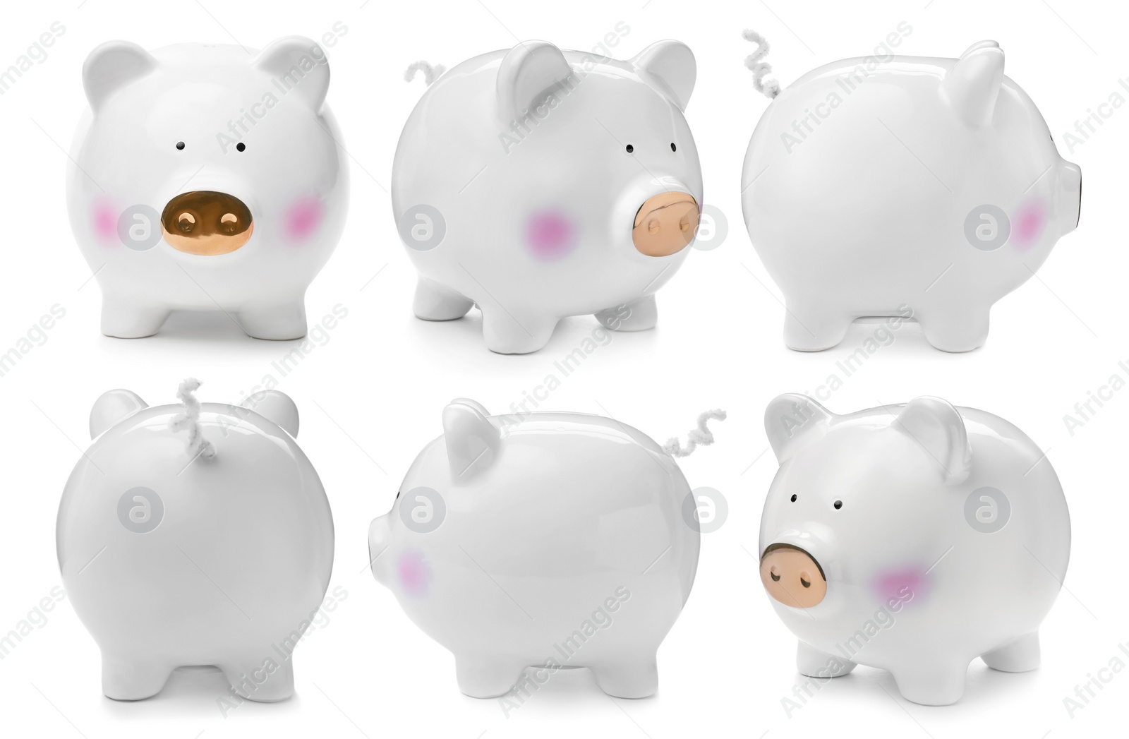 Set with ceramic piggy bank on white background Image of Set with ceramic piggy bank on white background