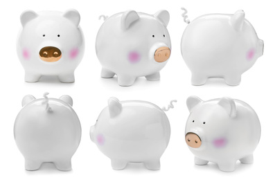 Image of Set with ceramic piggy bank on white background