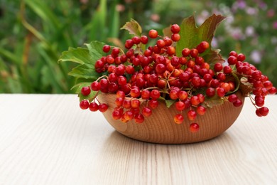 Bowl with ripe viburnum berries on white wooden table outdoors