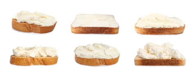 Bread with cream cheese on white background, collage. Banner design