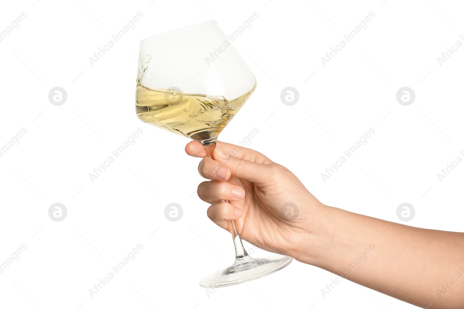 Photo of Woman with glass of wine isolated on white, closeup