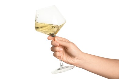 Woman with glass of wine isolated on white, closeup