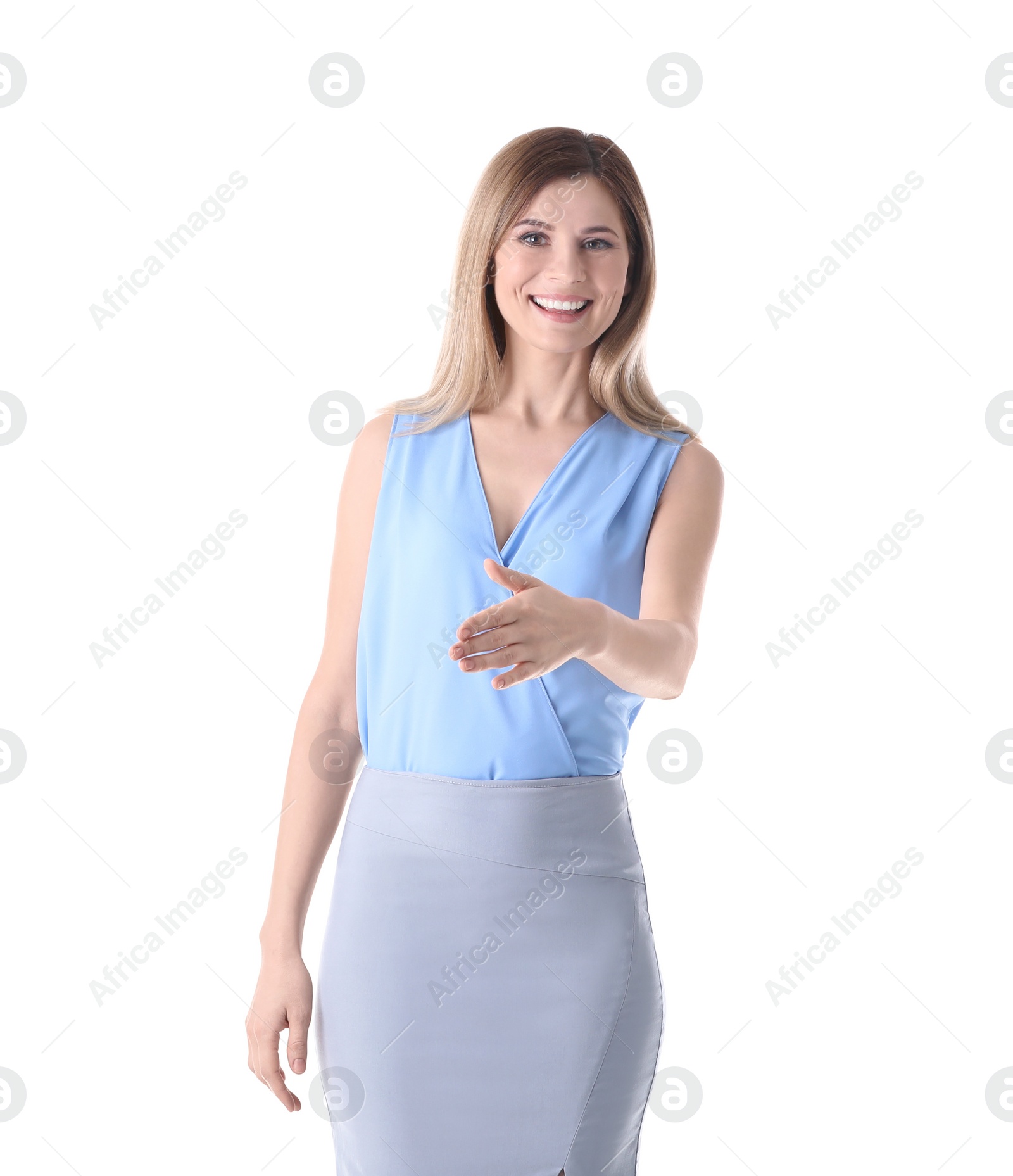 Photo of Female business trainer on white background