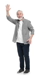 Photo of Senior man waving hand on white background