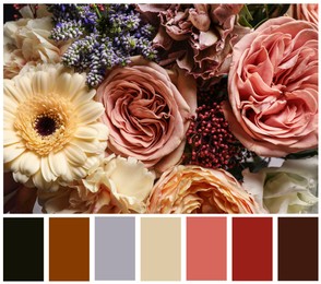 Beautiful fresh flowers and color palette. Collage