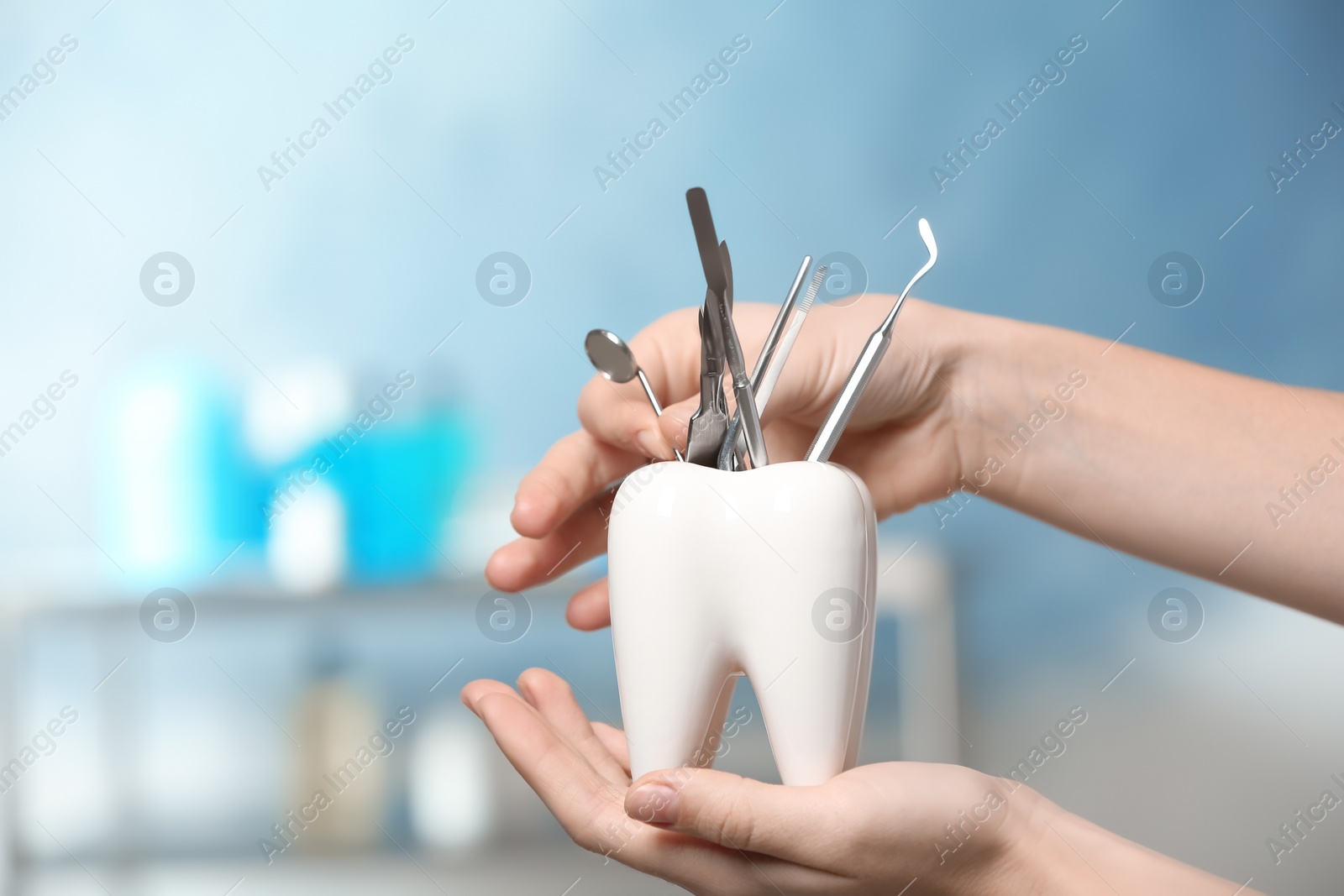Photo of Dentist putting professional tool into tooth shaped holder in clinic, closeup