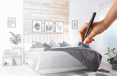 Image of Woman drawing sketch of stylish bedroom interior, closeup. Combination of photo and sketch