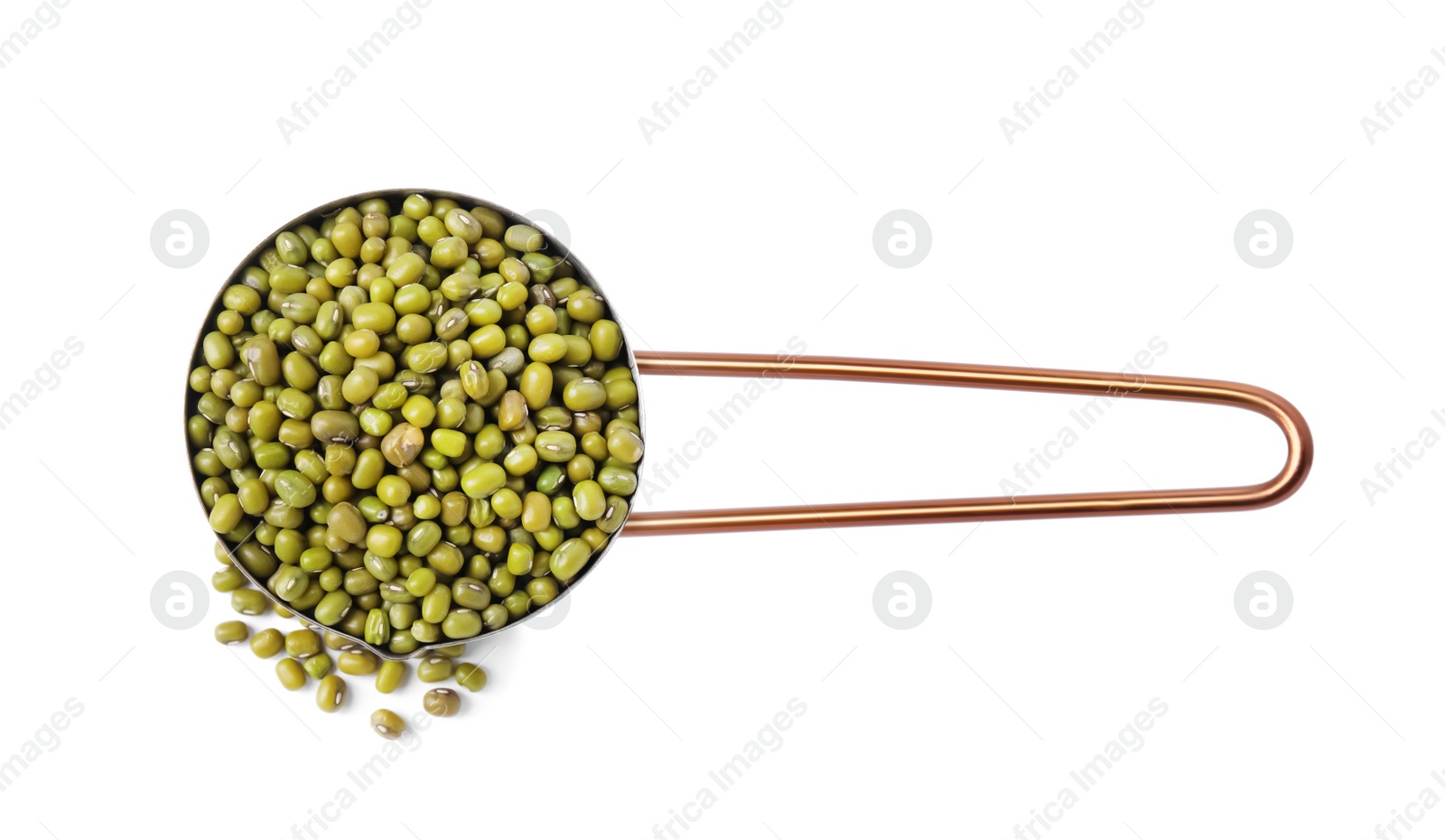 Photo of Saucepan with fresh mung beans isolated on white, top view