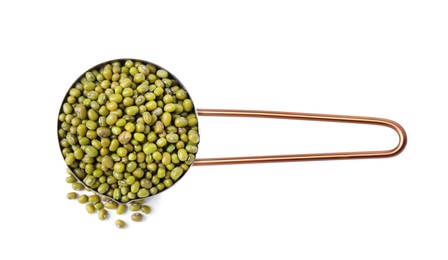 Saucepan with fresh mung beans isolated on white, top view