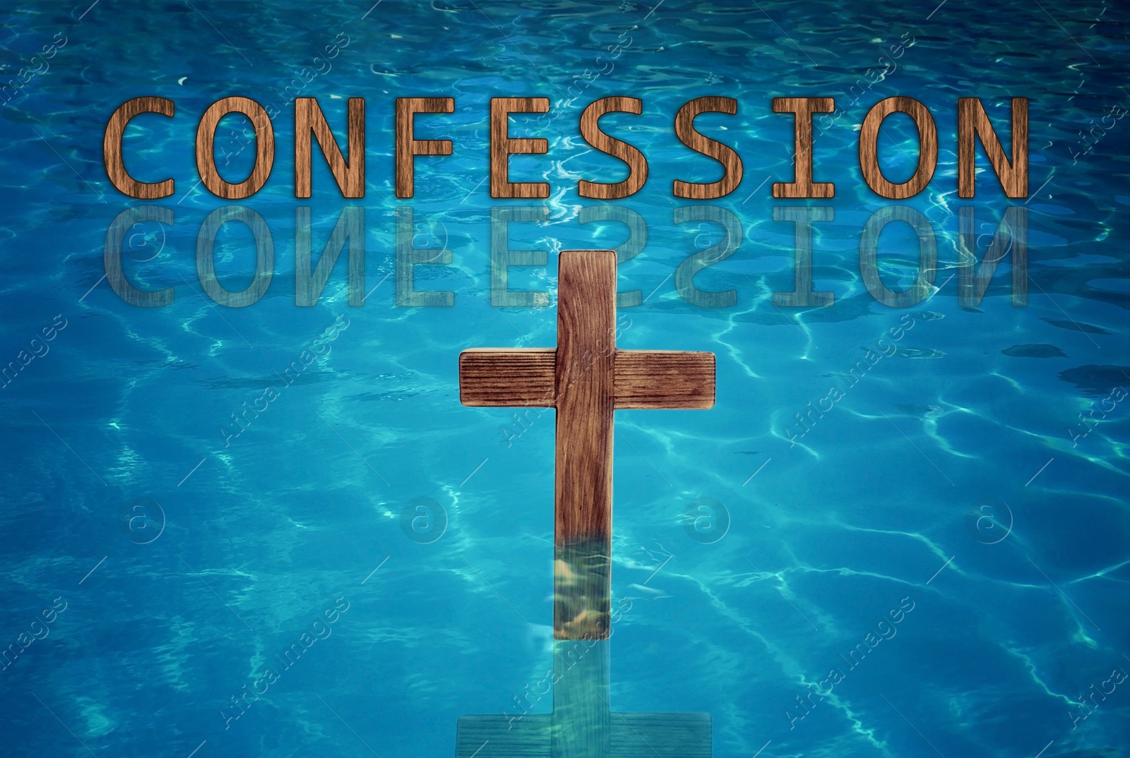 Image of Word Confession near wooden Christian cross in water