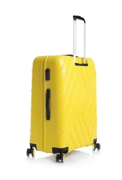 Photo of Yellow suitcase for travelling on white background
