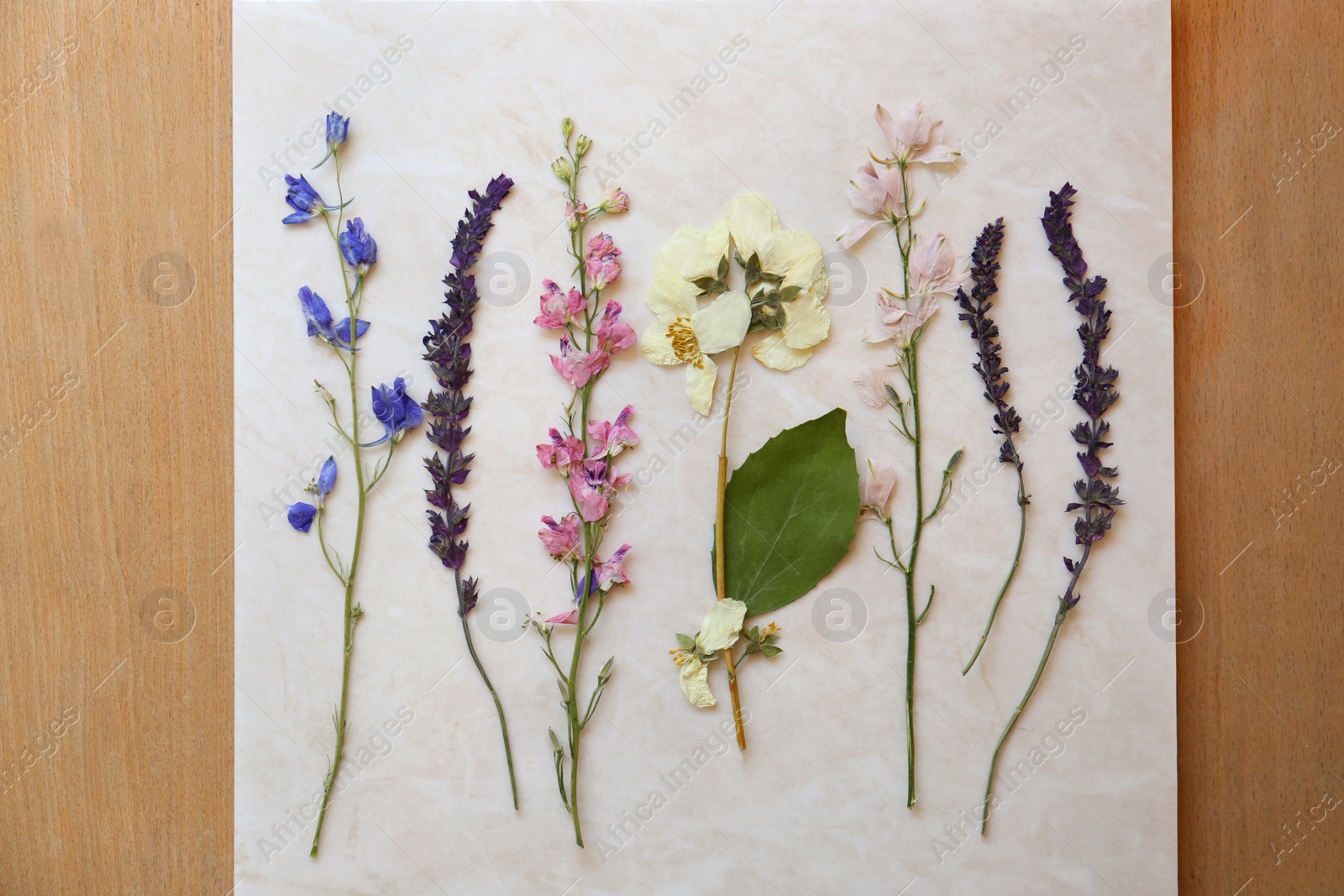 Photo of Sheet of paper with beautiful dried flowers wooden table, top view