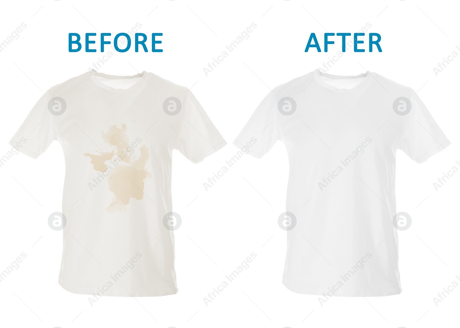 Image of Stylish T-shirt before and after dry-cleaning on white background