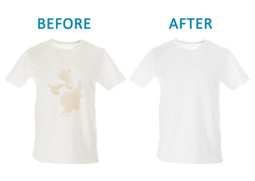 Image of Stylish T-shirt before and after dry-cleaning on white background