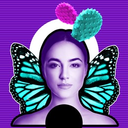 Image of Stylish art collage with beautiful woman, cactus and butterfly wings on purple background