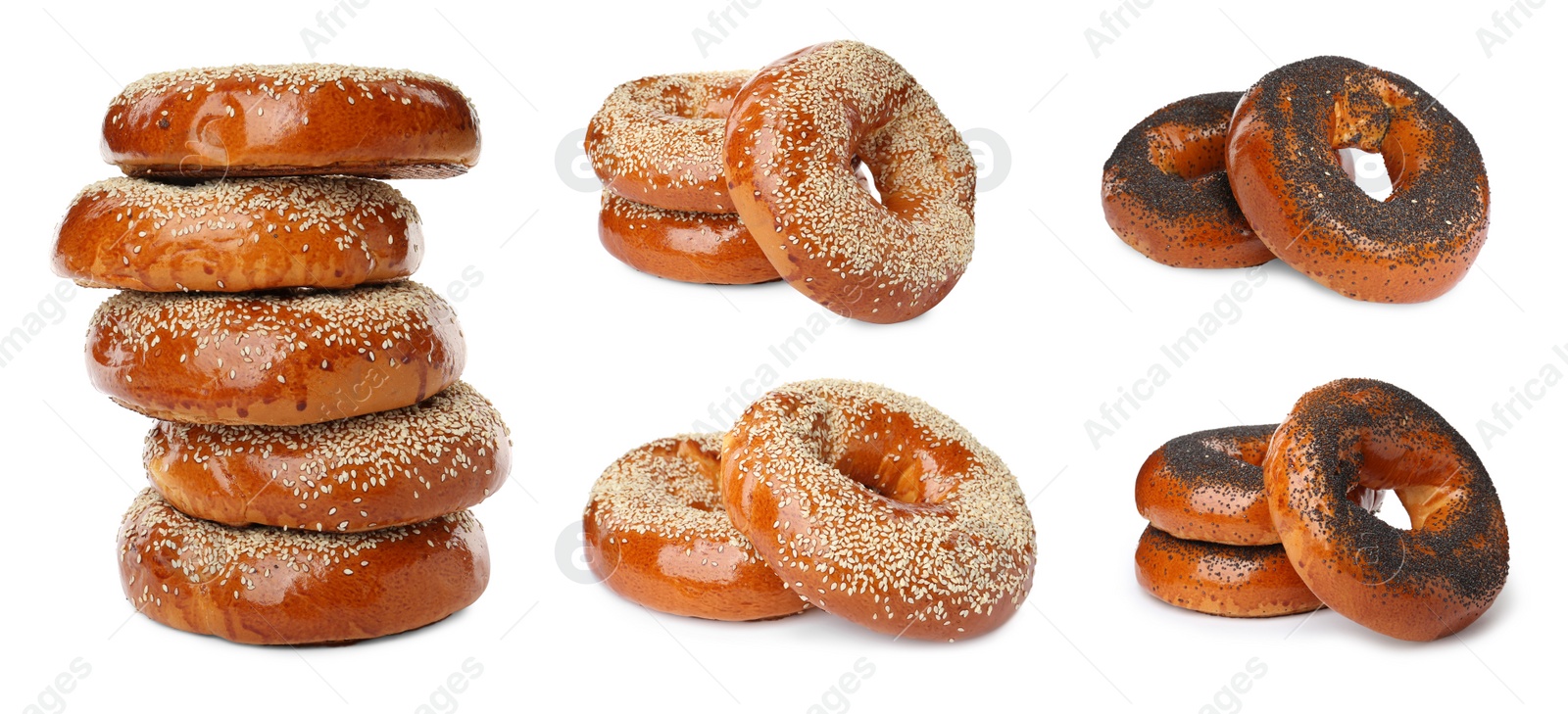 Image of Set with tasty fresh bagels on white background. Banner design