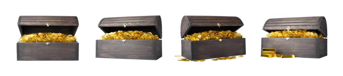 Image of Set with treasure chests full of gold coins on white background. Banner design