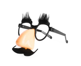 Photo of Funny mask with fake mustache, nose and glasses isolated on white