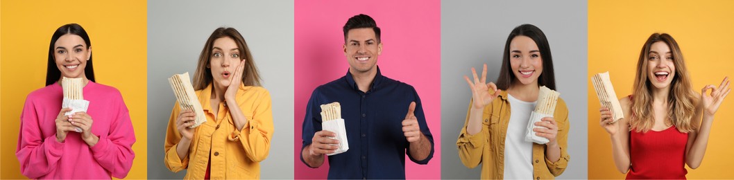 Image of Collage with photos of happy people with tasty shawarmas on different color backgrounds. Banner design