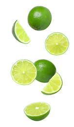 Image of Collage of falling limes on white background