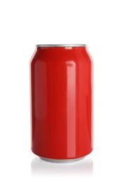 Red aluminum can with drink isolated on white