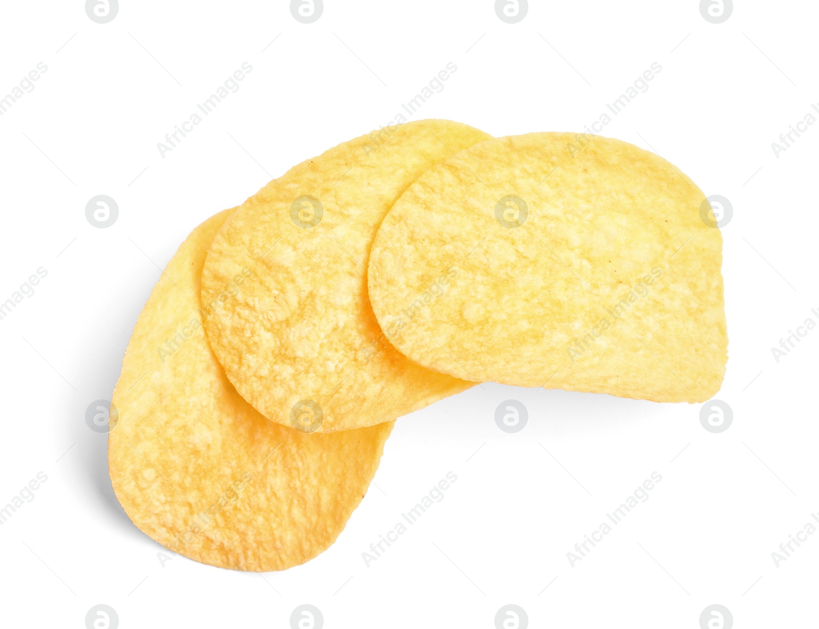 Photo of Tasty crispy potato chips on white background