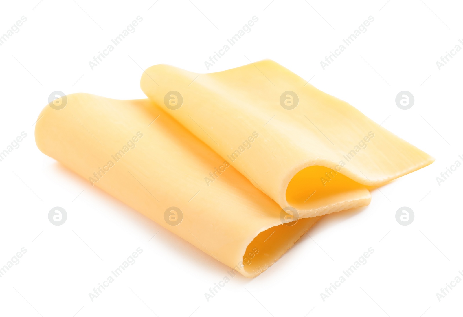 Photo of Slices of tasty cheese on white background