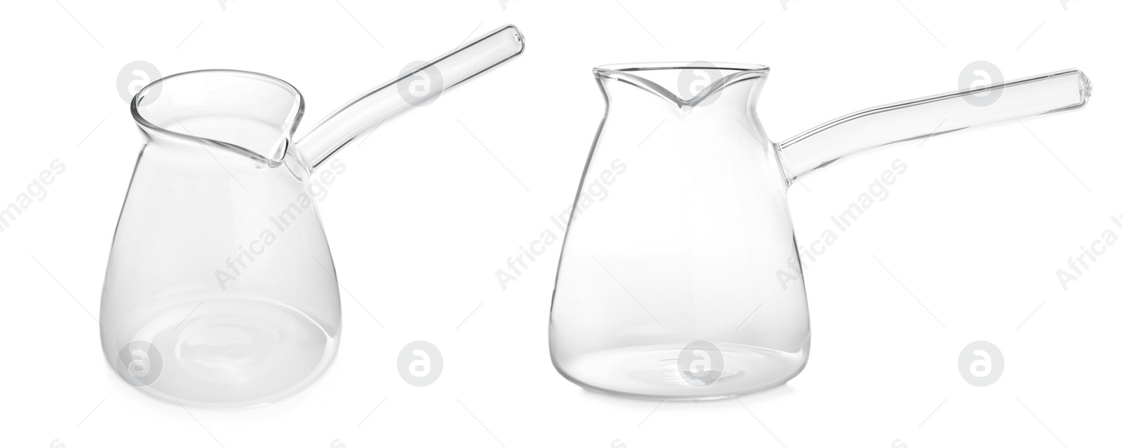 Image of Empty glass turkish coffee pots on white background, collage. Banner design