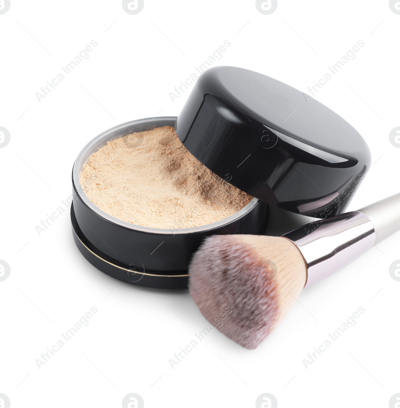 Photo of Face powder and brush isolated on white. Makeup product