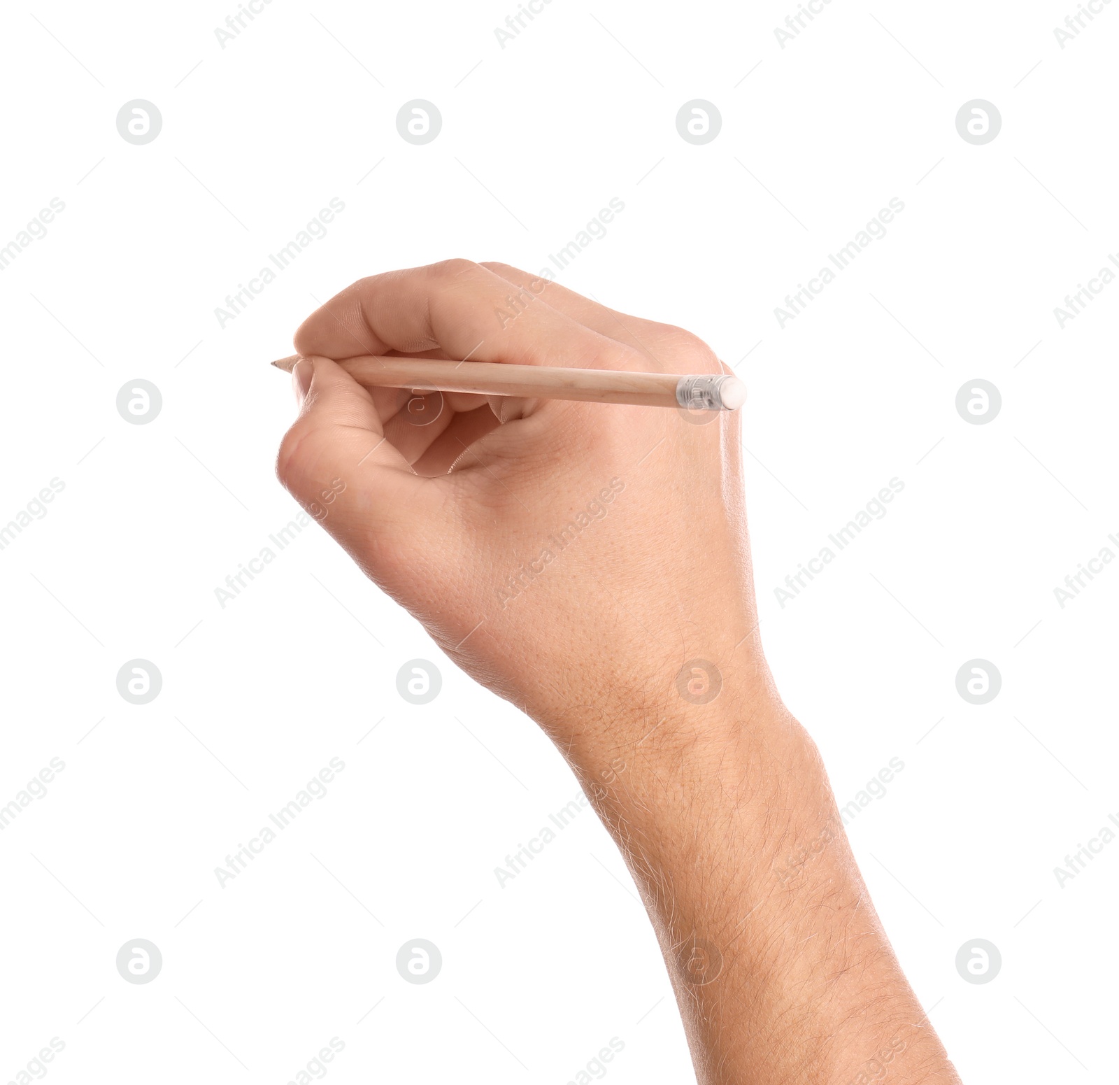 Photo of Man drawing something with pencil on white background, closeup of hand