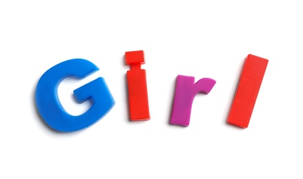 Word GIRL of magnetic letters on white background, top view