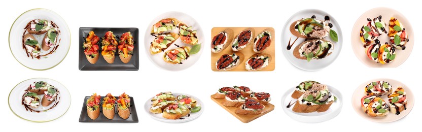 Image of Collection of delicious bruschettas with balsamic vinegar isolated on white, top and side views