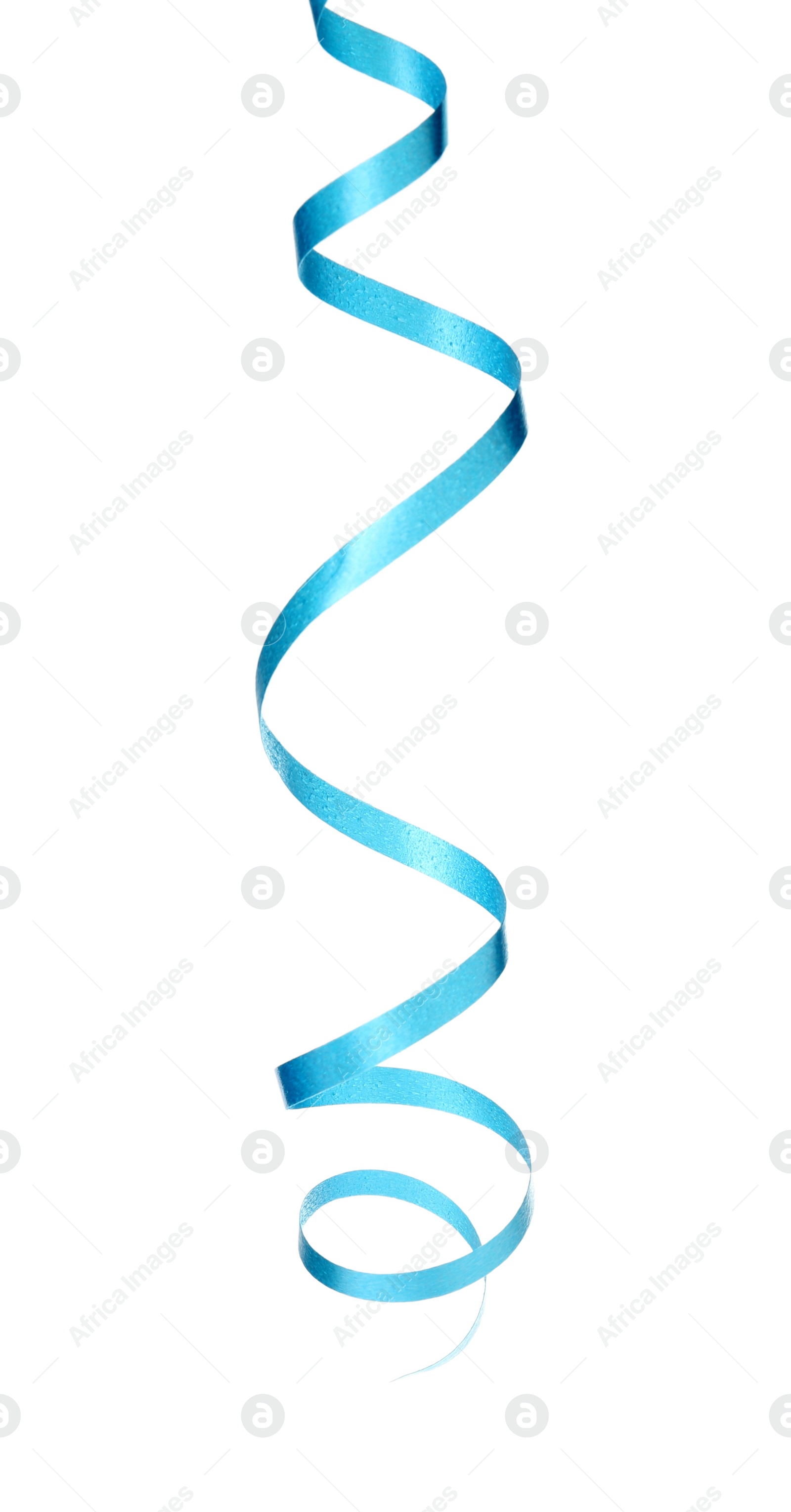 Photo of Shiny light blue serpentine streamer on white background