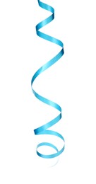 Photo of Shiny light blue serpentine streamer on white background