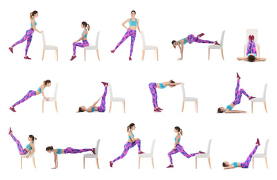 Image of Collage of young woman exercising with chair on white background. Home fitness