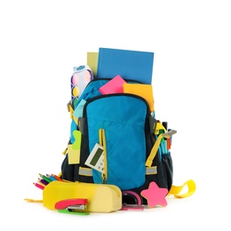 Blue backpack with different school stationery on white background