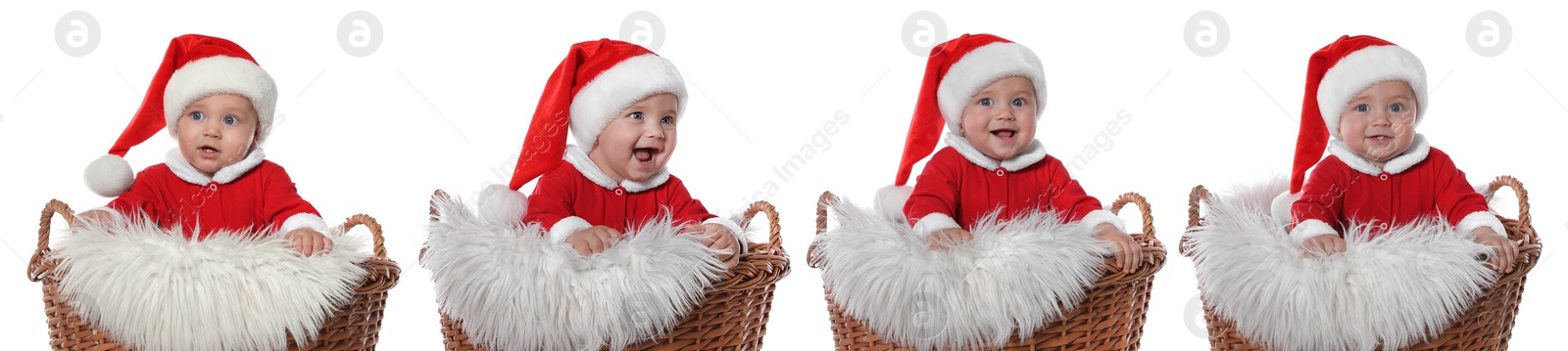 Image of Collage with photos of cute baby in wicker basket on white background, banner design. First Christmas 