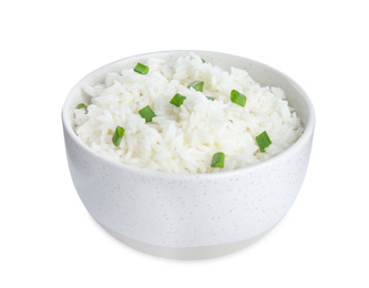 Photo of Bowl with cooked rice isolated on white