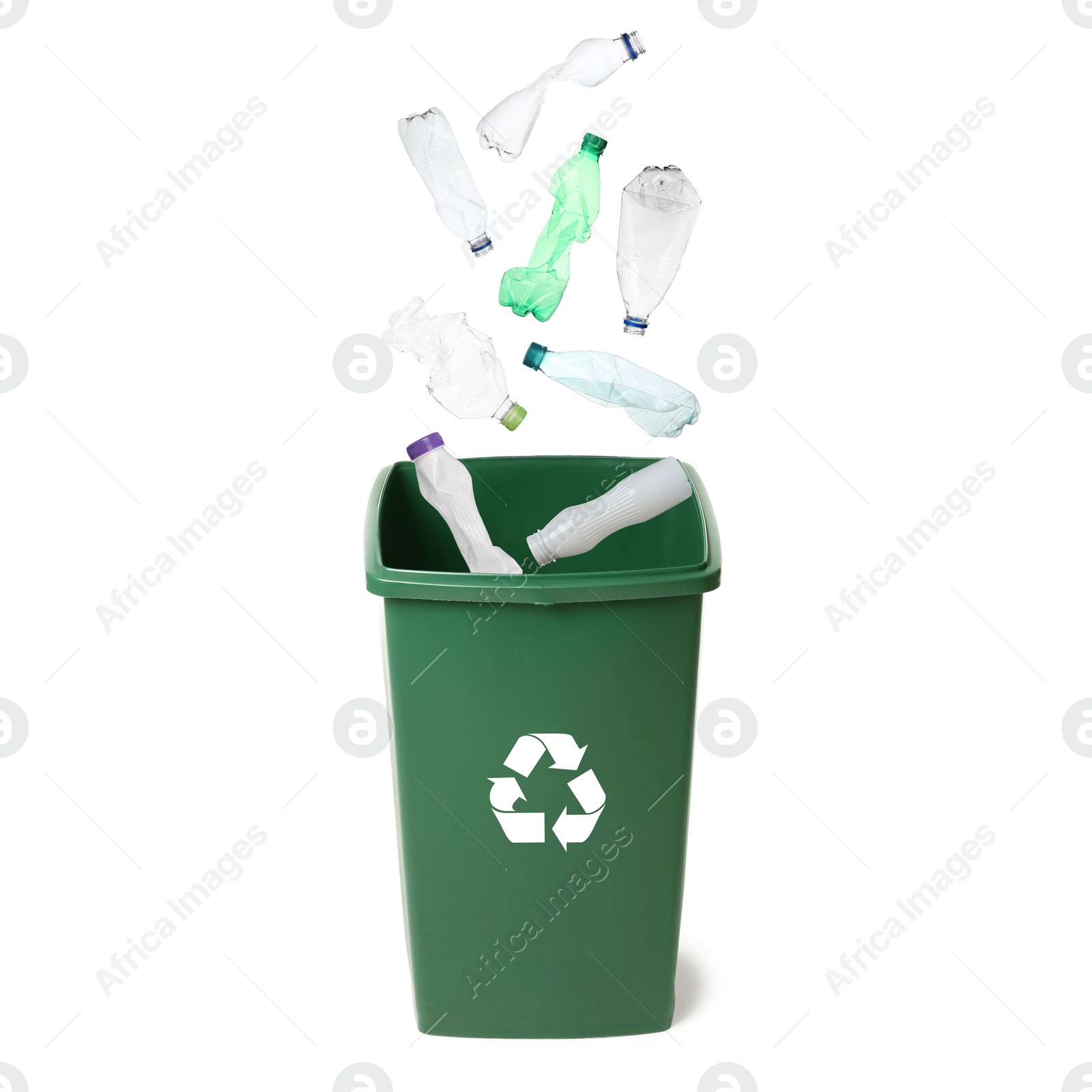 Image of Garbage falling into trash bin on white background