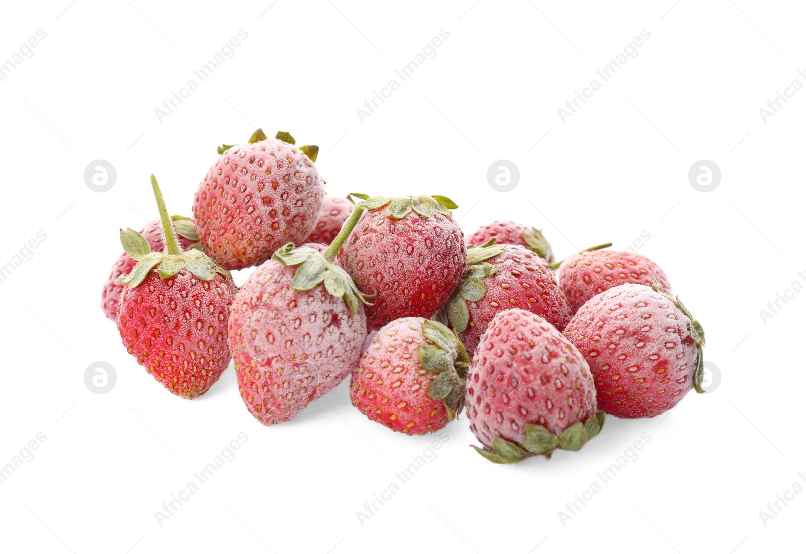 Photo of Heap of tasty frozen strawberries on white background