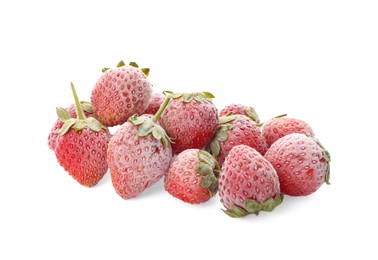 Photo of Heap of tasty frozen strawberries on white background