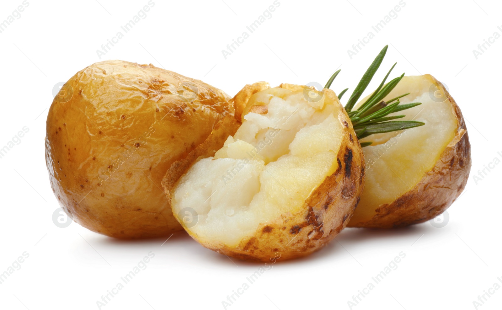 Photo of Tasty pieces of baked potatoes and rosemary on white background