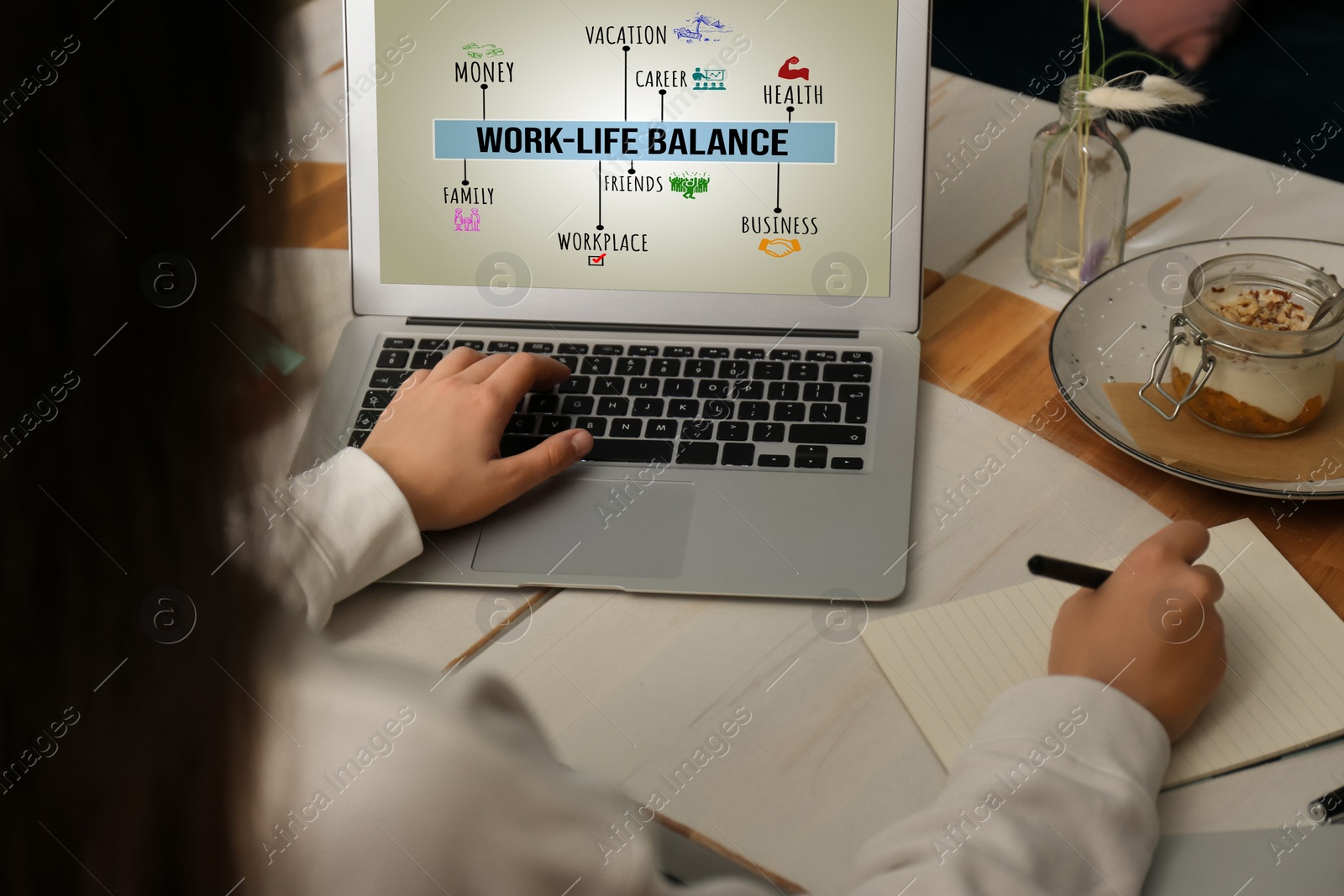 Image of Work-life balance concept. Woman with modern laptop at table in cafe, closeup