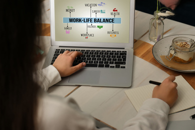 Image of Work-life balance concept. Woman with modern laptop at table in cafe, closeup