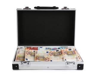 Photo of Open metal case full of money on white background